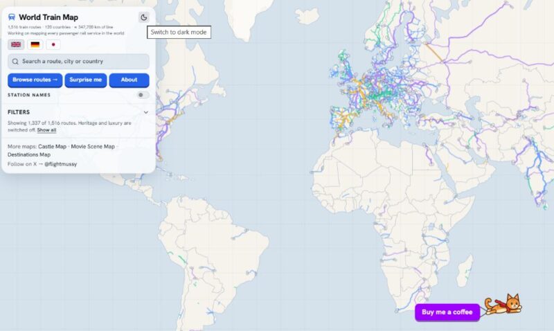 Screenshot della home page del sito World Train Map.